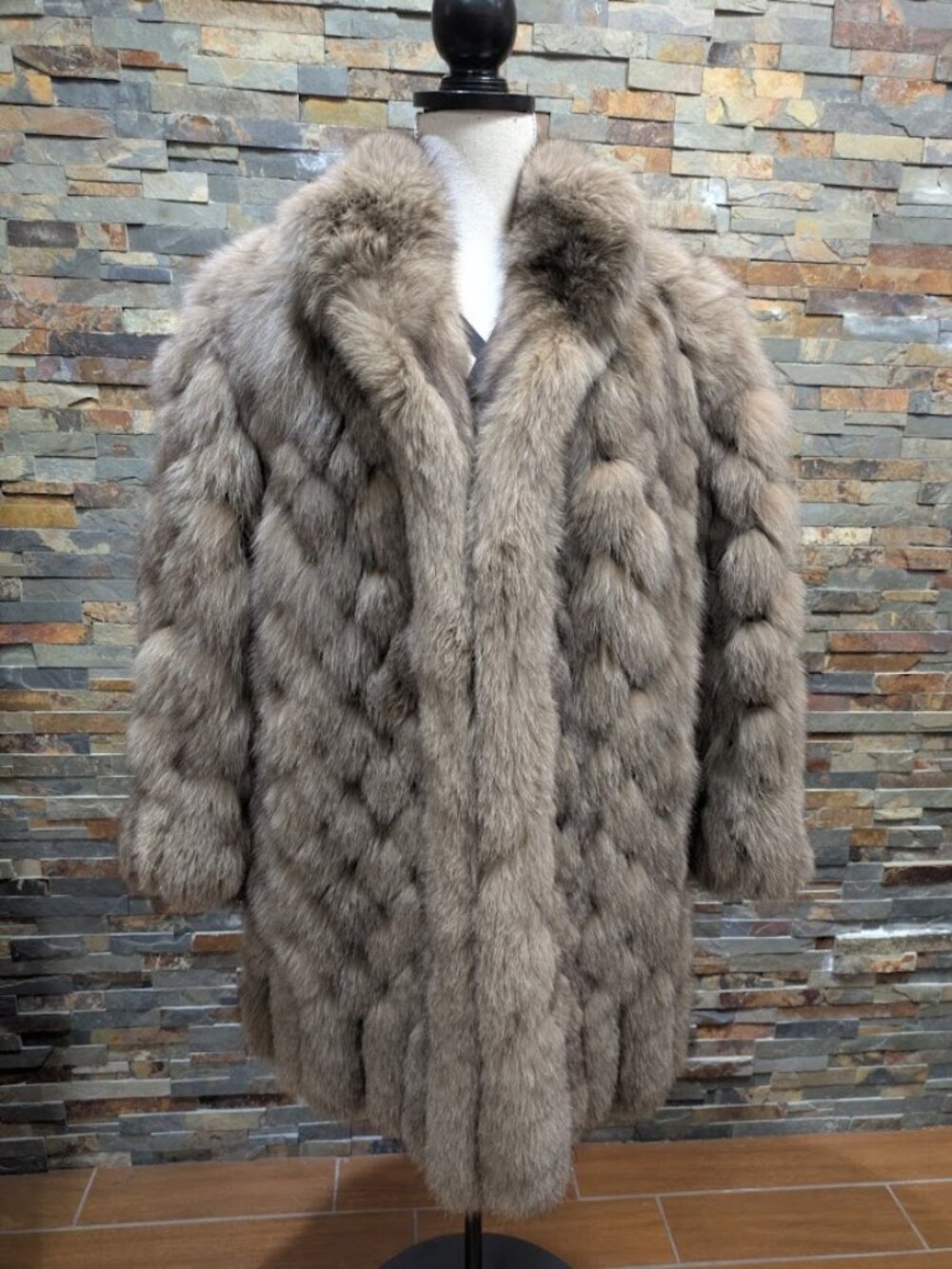 Real Diamond Patterned Beige Dyed Blue Fox Fur Stroller Coat Genuine Fur Long